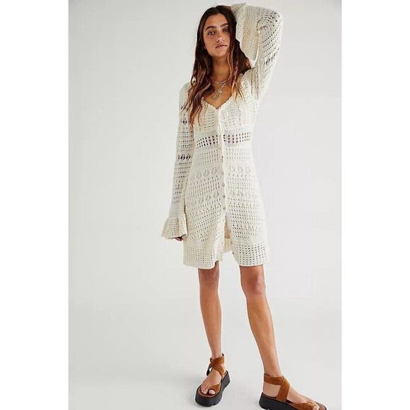 NEW FREE PEOPLE Sz XS SEDONA CROCHET MINI DRESS IVORY - Picture 2 of 4